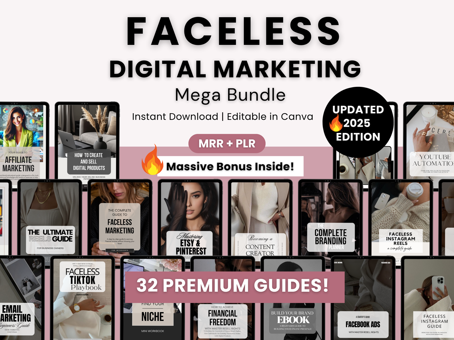 32 guides to learn faceless digital marketing and sell digital products online to make passive income. The bundle includes master resell rights and private label rights and it is ready to resell as is for 100% of profit.