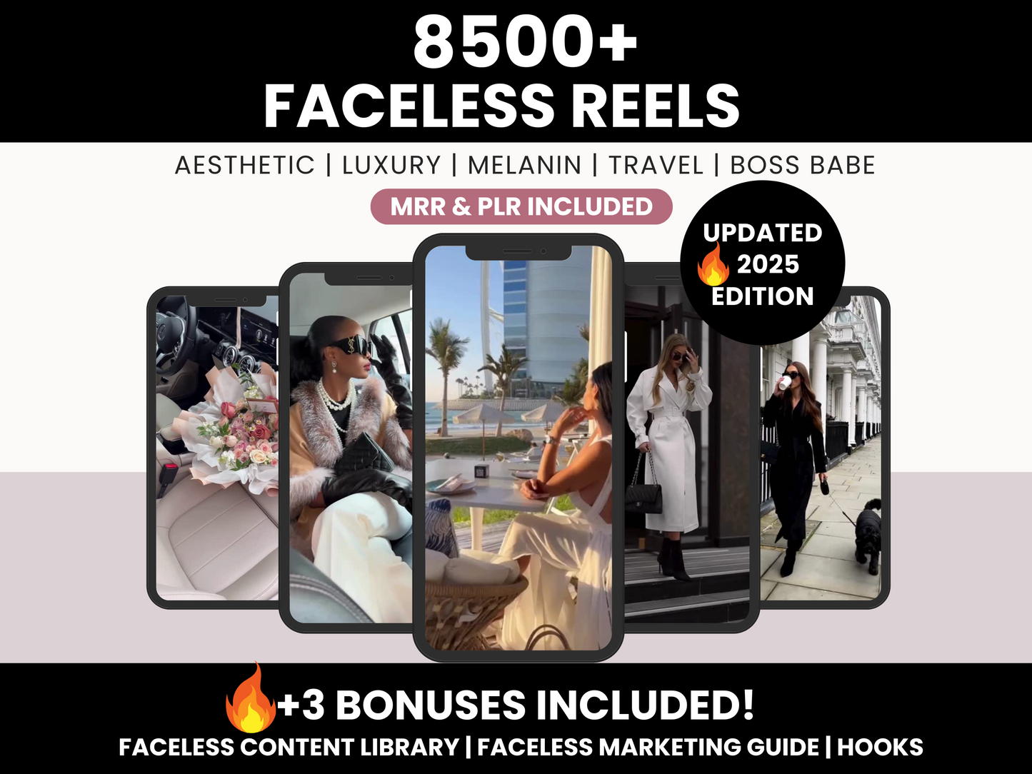 8500+ Faceless reels bundle ready to post on social media. Reels are from different categories: aesthetic, luxury woman, melanin woman, travel, boss babe, pink theme reels. Inclides master resell rights and private label rights. Also includes 3 free bonuses: Faceless content library, faceless marketing guide and 150 hooks to engage your audience.