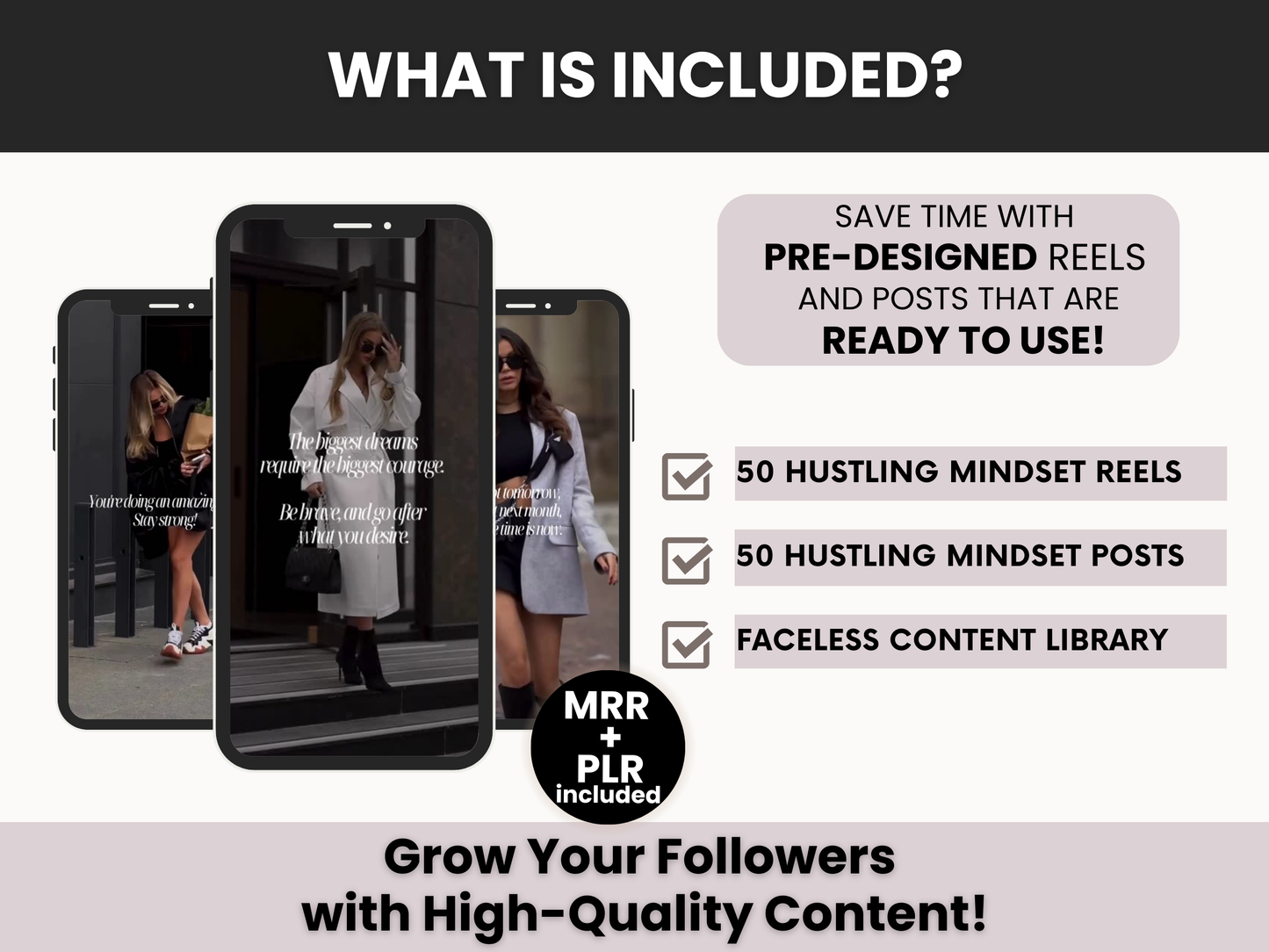 100 Hustling Mindset Woman Reels and Posts with MRR & PLR